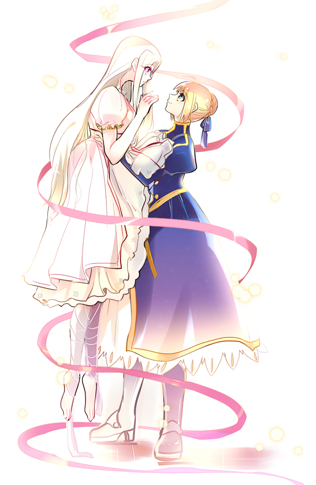 2girls, ahoge, artoria_pendragon_(fate), bad_id, bad_pixiv_id, blonde_hair, dress, fate/zero