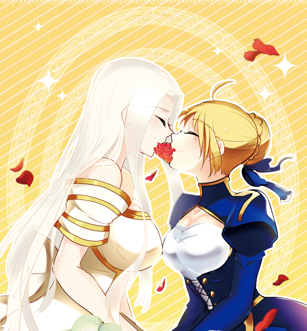 2girls, ahoge, artoria_pendragon_(fate), bad_id, bad_pixiv_id, blonde_hair, dress, fate/zero