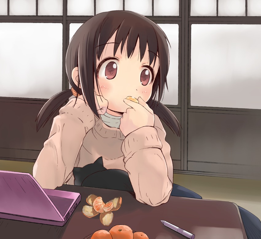 1girl, brown_eyes, brown_hair, child, eating, female_focus, food, fruit, kanikani_(juicy), mandarin_orange, original, short_hair, solo, sweater, twintails