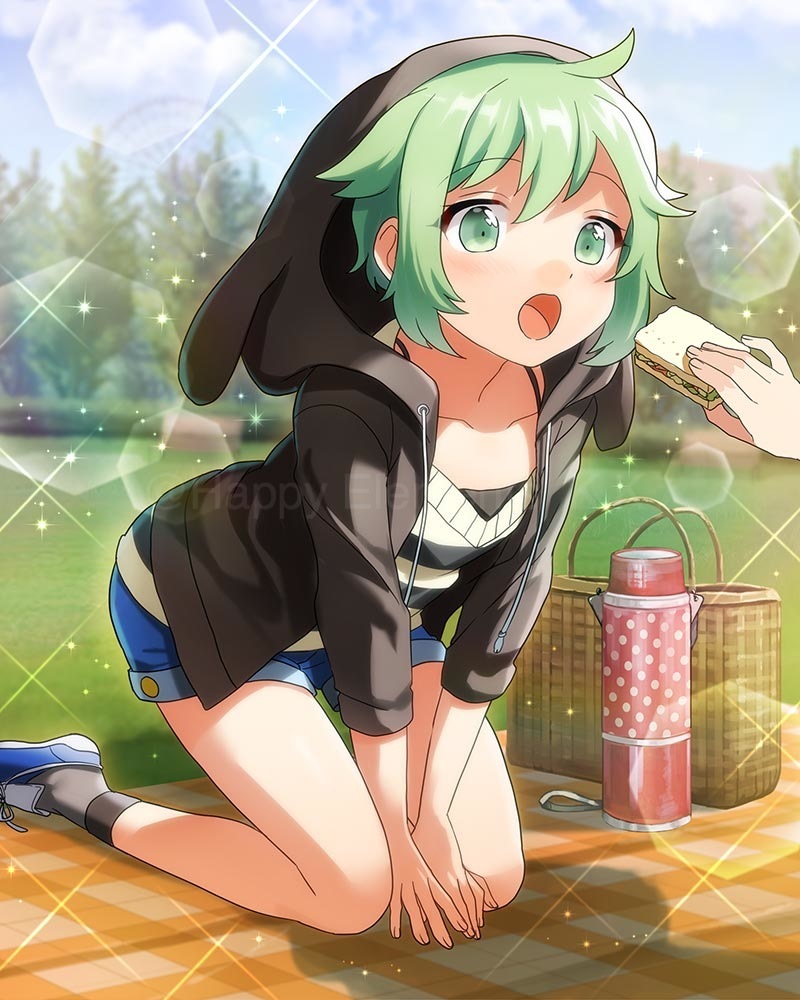 1girl, ensemble_girls!, feeding, food, fujii_shizuku, green_eyes, green_hair, hood, hoodie, official_art, open_mouth, original, picnic, picnic_basket, sandwich, short_hair, short_shorts, shorts, sparkle, thermos, watermark