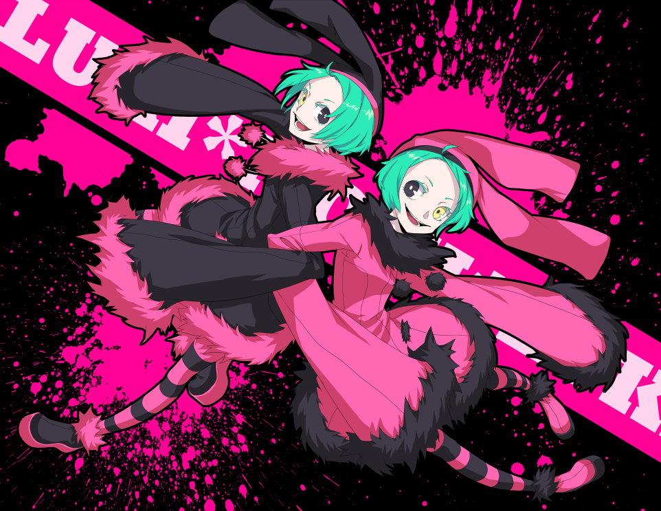 2girls, 6hours_(fancycars), aqua_hair, black_eyes, dogs:_bullets_&amp;_carnage, green_hair, hat, heterochromia, long_sleeves, luki, multiple_girls, noki, pantyhose, short_hair, siblings, sisters, sleeves_past_wrists, socks, striped_clothes, striped_legwear, striped_pantyhose, twins, yellow_eyes