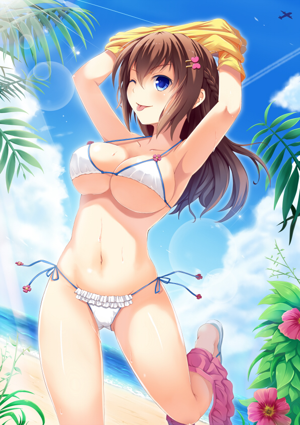 1girl, :p, ;p, armpits, beach, bikini, blue_eyes, blush