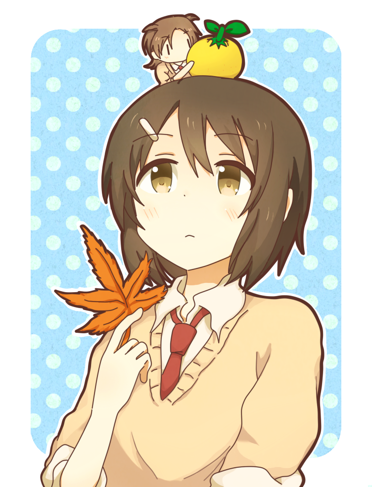 2girls, antenna_hair, blush, brown_eyes, brown_hair, citron, food, fruit, iizuka_yuzu, ikeno_kaede, leaf, lemon, maple_leaf, mini_person, minigirl, multiple_girls, name_connection, necktie, object_namesake, polka_dot, polka_dot_background, sakura_trick, school_uniform, sweater, watage_modoki, yuzu_(fruit), |_|
