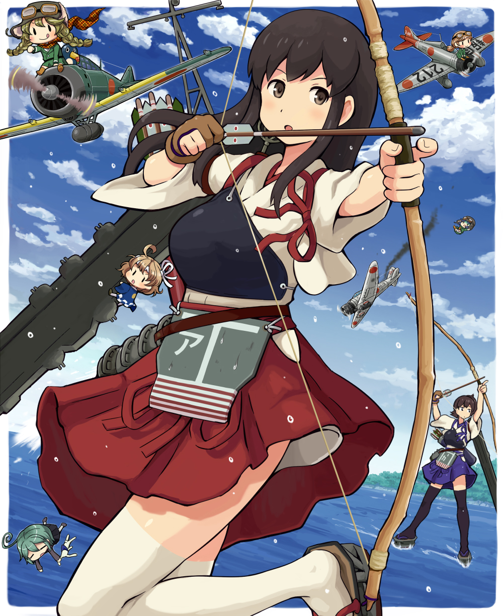 10s, 6+girls, :o, a6m_zero, aiming, aircraft, airplane, akagi_(kancolle)