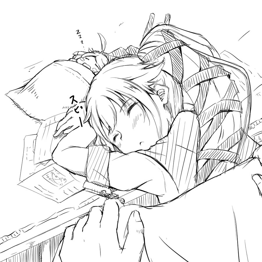 10s, 15.2cm_twin_gun_mount, 1girl, blanket, fairy_(kancolle), greyscale, hair_ornament, hair_ribbon