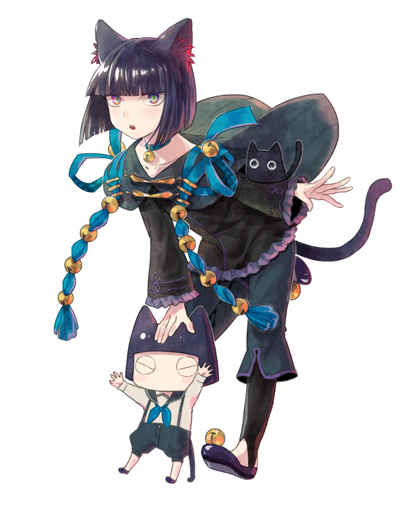 androgynous, animal_ears, bell, blue_eyes, blue_hair, bob_cut, cat, cat_ears