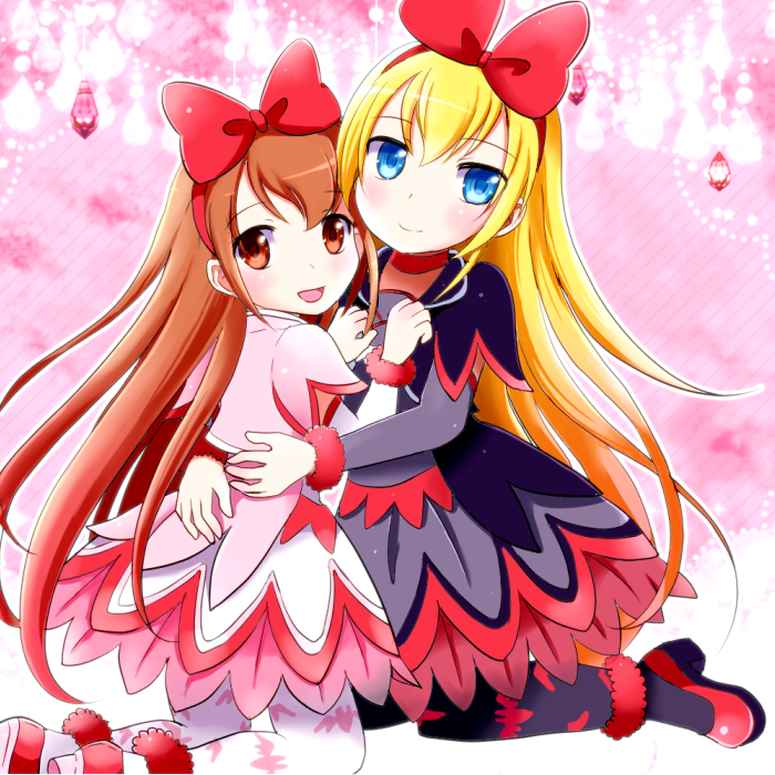 2girls, animal_print, arm_warmers, bad_id, bad_pixiv_id, bat_print, blonde_hair, blue_eyes