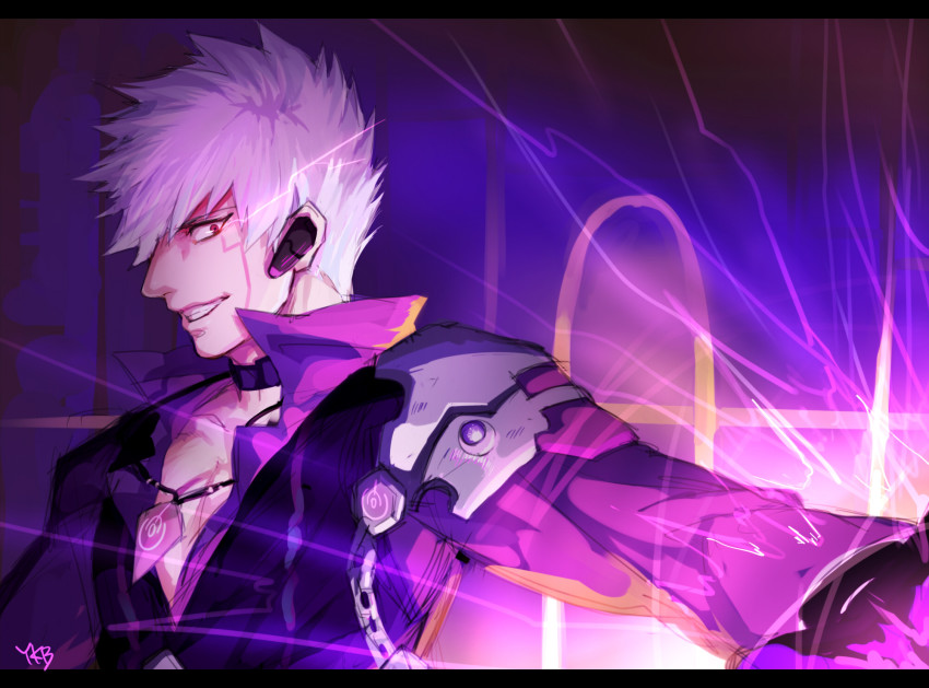 1boy, add_(elsword), bad_id, bad_pixiv_id, bloody_yukime, chain, ear_covers, elsword, facial_mark, grin, highres, jacket, lunatic_psyker_(elsword), male_focus, purple_background, purple_eyes, purple_theme, smile, solo, tattoo, white_hair, yukibi_(ykb)