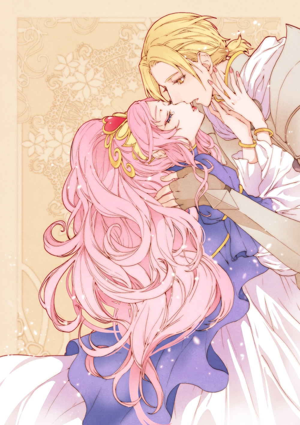 1boy, 1girl, armor, beige_background, blonde_hair, blue_dress, brown_gloves, cape