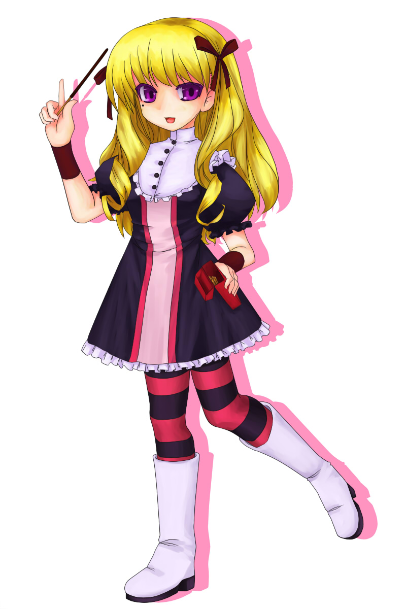 00s, 1girl, :d, bad_id, bad_pixiv_id, blonde_hair, boots, dress