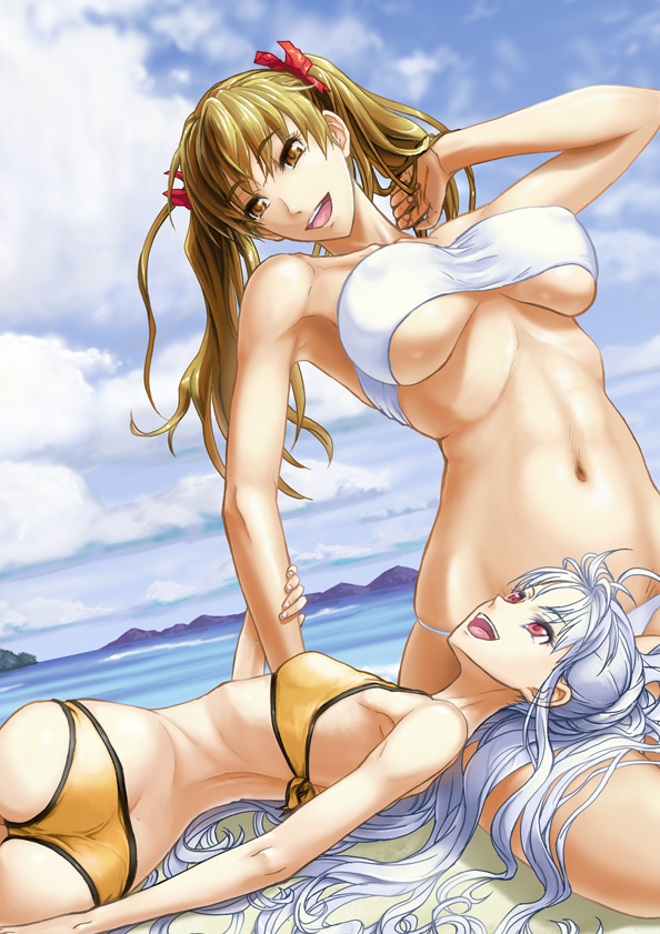 00s, 2girls, aliasse, alicia_melchiott, beach, bikini, breasts, brown_eyes