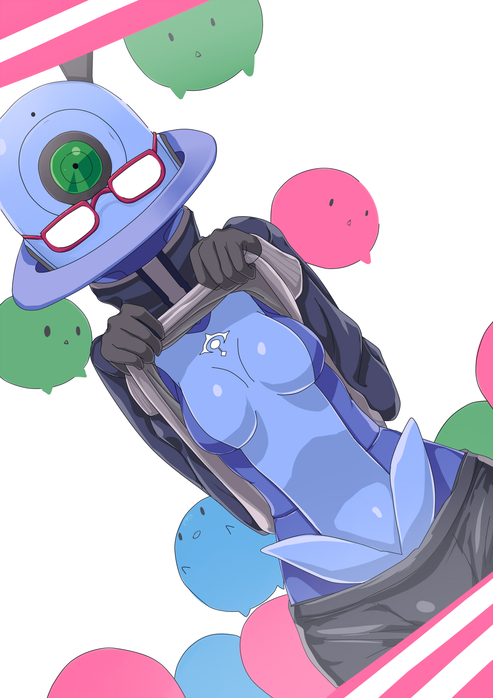 10s, 1girl, bad_id, bad_pixiv_id, breasts, clothes_lift, ddd555, female_focus, glasses, highres, kurubu, kurukuru_(sekai_seifuku), long_sleeves, roboko_(sekai_seifuku), robot, sekai_seifuku:_bouryaku_no_zvezda, shirt_lift, solo, track_suit
