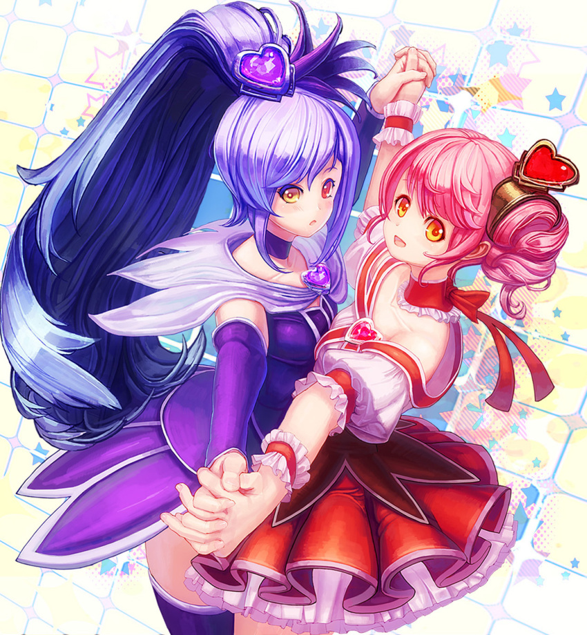 2girls, arm_warmers, choker, detached_sleeves, dress, eyelashes, hair_ornament, holding_hands