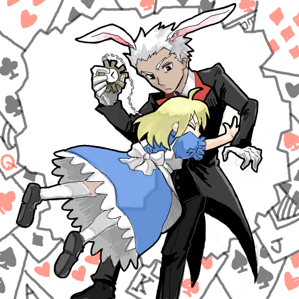 1boy, 1girl, ahoge, alice's_adventures_in_wonderland, alternate_costume, archer_(fate), artoria_pendragon_(fate), bad_id, bad_pixiv_id, fate/stay_night, fate/zero, fate_(series), gupaon, image_sample, pantyhose, pixiv_sample, saber_(fate)