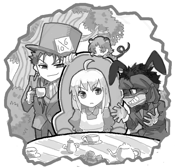 1girl, 2boys, ahoge, alice's_adventures_in_wonderland, alternate_costume, angra_mainyu_(fate), artoria_pendragon_(fate), bad_id