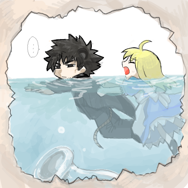 1boy, 1girl, ahoge, alice's_adventures_in_wonderland, alternate_costume, artoria_pendragon_(fate), bad_id, bad_pixiv_id, emiya_kiritsugu, fate/stay_night, fate/zero, fate_(series), gupaon, image_sample, pantyhose, pixiv_sample, saber_(fate)