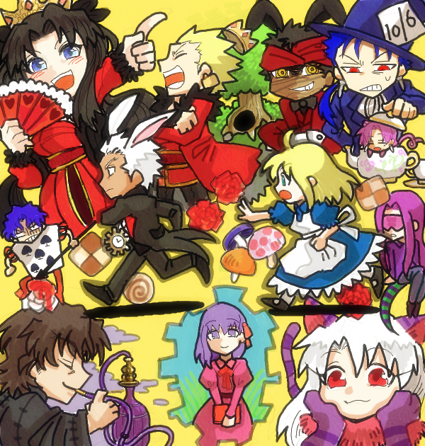 10s, 6+boys, 6+girls, ahoge, alice's_adventures_in_wonderland, angra_mainyu_(fate), archer_(fate), artoria_pendragon_(fate)
