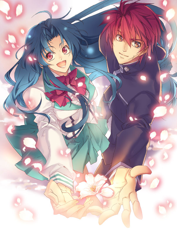 1boy, 1girl, :d, bad_id, bad_pixiv_id, black_jacket, black_pants, blue_hair, bow, bowtie, chidori_kaname, closed_mouth, flower, from_above, full_metal_panic!, gakuran, glowing, green_skirt, jacket, long_hair, long_sleeves, looking_at_viewer, looking_up, open_mouth, orange_eyes, outstretched_arm, pants, parted_bangs, petals, red_bow, red_bowtie, red_hair, sagara_sousuke, school_uniform, serafuku, shirt, skirt, smile, very_long_hair, white_shirt, yamatsuki_sou