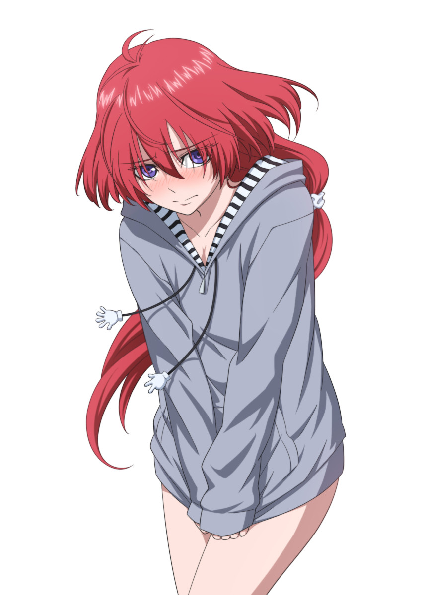 10s, 1girl, absurdres, blush, covering_crotch, covering_privates, embarrassed, female_focus, highres, hood, hooded_jacket, hoodie, jacket, kakumeiki_valvrave, long_hair, looking_at_viewer, naked_hoodie, no_pants, ponytail, purple_eyes, rck7, red_hair, renboukouji_akira, shirt_tug, solo, v_arms, white_background