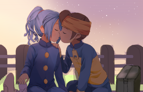 2boys, aqua_hair, blush, brown_hair, child, endou_mamoru, closed_eyes, fence