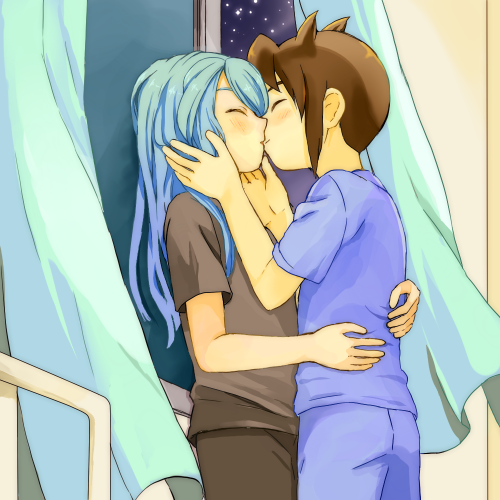 2boys, aqua_hair, blush, brown_hair, child, endou_mamoru, closed_eyes, harute4423