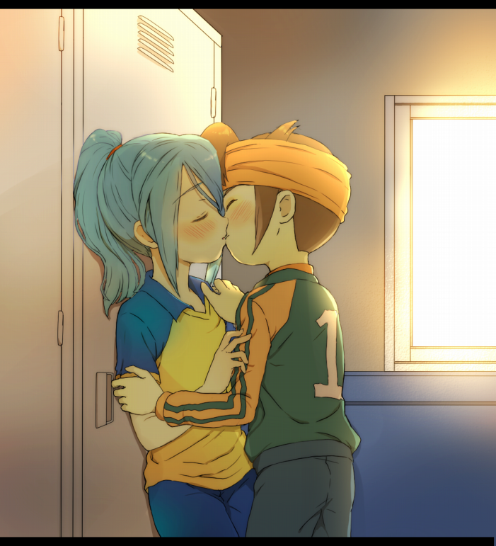 2boys, aqua_hair, blue_hair, blush, brown_hair, child, endou_mamoru, closed_eyes