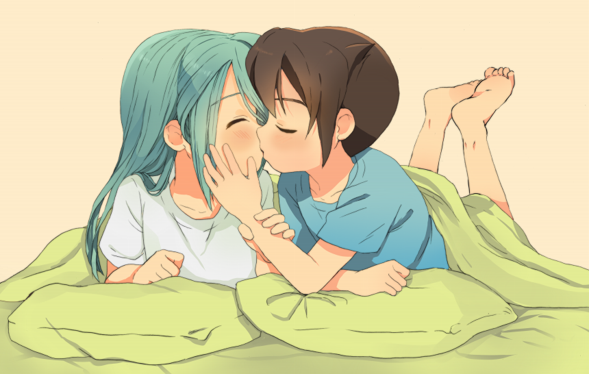 2boys, aged_down, aqua_hair, barefoot, bed, blue_hair, blush, brown_hair, child, closed_eyes, endou_mamoru, full_body, hair_down, hair_over_one_eye, harute4423, inazuma_eleven, inazuma_eleven_(series), kazemaru_ichirouta, kiss, kodomo_doushi, long_hair, m_(pixiv9151), male_focus, multiple_boys, pillow, short_hair, toes, trap, under_covers, yaoi