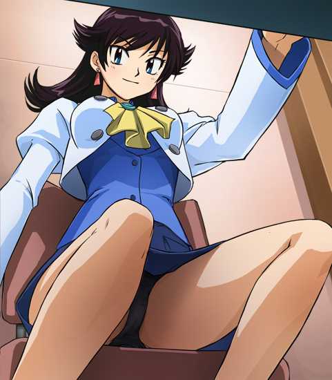 00s, 1girl, blue_eyes, brown_hair, earrings, female_focus, from_below, haruyama_kazunori, jewelry, legs, long_hair, panties, pantyshot, sitting, solo, thighhighs, tokiwa_natsuko, underwear, upskirt, zettai_karen_children