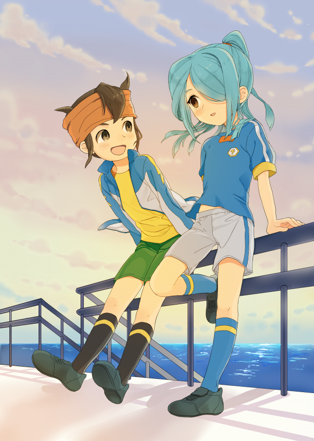 2boys, aqua_hair, blush, brown_eyes, brown_hair, child, cloud, endou_mamoru