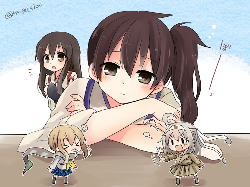 >_<, 10s, 4girls, :p, ahoge, akagi_(kancolle), blush, chibi