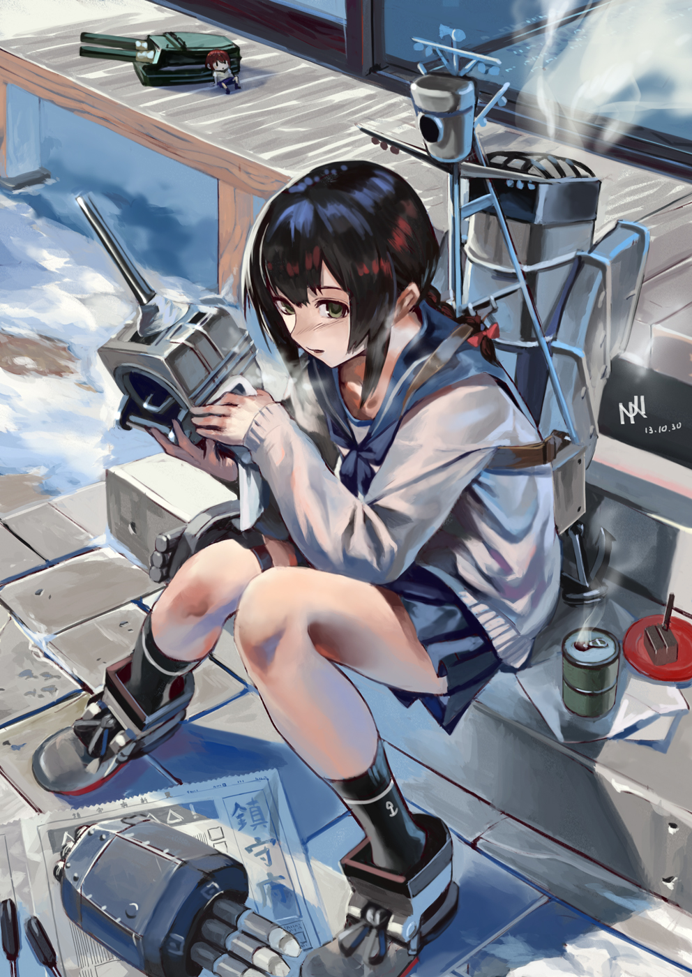 10s, 12.7cm_twin_gun_mount, 1girl, 2girls, anchor, anchor_symbol, bad_id, bad_pixiv_id