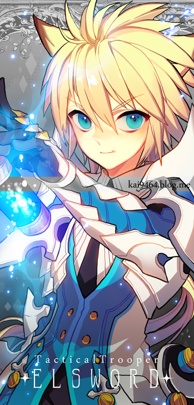 1boy, armor, blonde_hair, blue_eyes, brown_hair, cartridge, chung_seiker, copyright_name, elsword, gloves, grey_background, male_focus, multicolored_hair, pika_(kai9464), smile, solo, spiked_hair, streaked_hair, symbol-shaped_pupils, tactical_trooper_(elsword), two-tone_hair, watermark, web_address