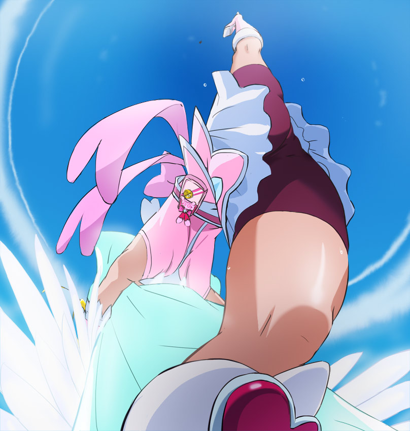 1girl, aida_mana, bike_shorts, bow, cure_heart, cure_heart_(parthenon_mode), dokidoki!_precure, female_focus, haruyama_kazunori, heart, leg_up, magical_girl, pink_bow, precure, solo