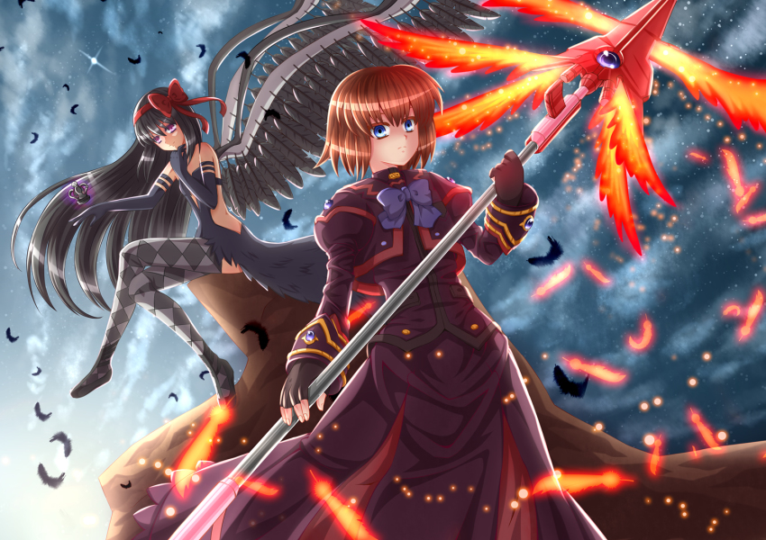 10s, 2girls, akemi_homura, akuma_homura, black_hair, black_legwear, black_wings, blue_eyes