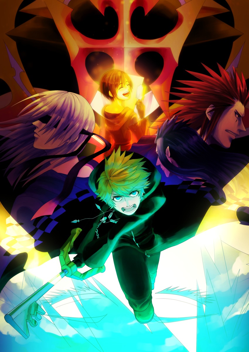 1girl, 5boys, a5_arashi, axel, black_coat_(kingdom_hearts), black_hair, blindfold, blonde_hair, blue_hair, cloak, closed_eyes, disney, facial_mark, food, gloves, highres, ice_cream, keyblade, kingdom_hearts, kingdom_hearts_358/2_days, multiple_boys, pointy_ears, red_hair, riku_(kingdom_hearts), roxas, saix, silver_hair, sora_(kingdom_hearts), spoilers, square_enix, xion_(kingdom_hearts)