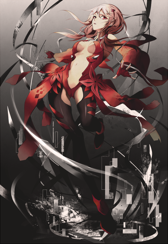 10s, 1girl, bare_shoulders, black_thighhighs, blush, breasts, center_opening, cleavage, detached_sleeves, female_focus, fingerless_gloves, gloves, guilty_crown, hair_ornament, hairclip, long_hair, looking_at_viewer, moa_(21energy12), moa_(artist), navel, open_mouth, pink_hair, red_eyes, solo, thighhighs, twintails, yuzuriha_inori