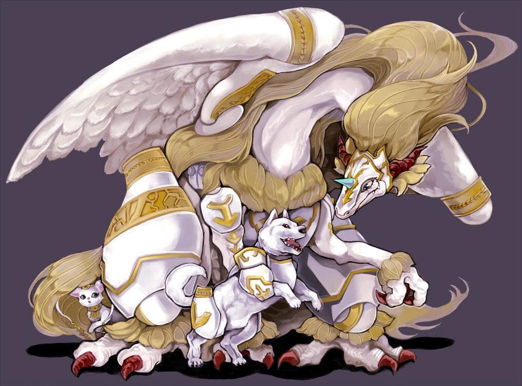 blonde_hair, cat, chinchira, claws, dog, dragon, duel_monster, gragonith_lightsworn_dragon, horns, long_hair, no_humans, rinyan_lightsworn_rogue, ryko_lightsworn_hunter, single_horn, wings, yu-gi-oh!