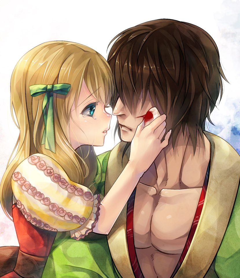 1boy, 1girl, age_difference, blonde_hair, blood, blue_eyes, brown_hair, gothic_lolita, hair_over_eyes, laura_lita, lolita_fashion, long_hair, nameless_samurai, nemu_(nora), samurai_dou_4, tears, way_of_the_samurai