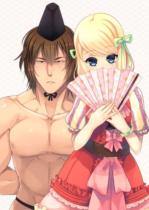 1boy, 1girl, blonde_hair, blue_eyes, brown_hair, hand_fan, laura_lita, nameless_samurai, nemu_(nora), samurai_dou_4, tagme, way_of_the_samurai