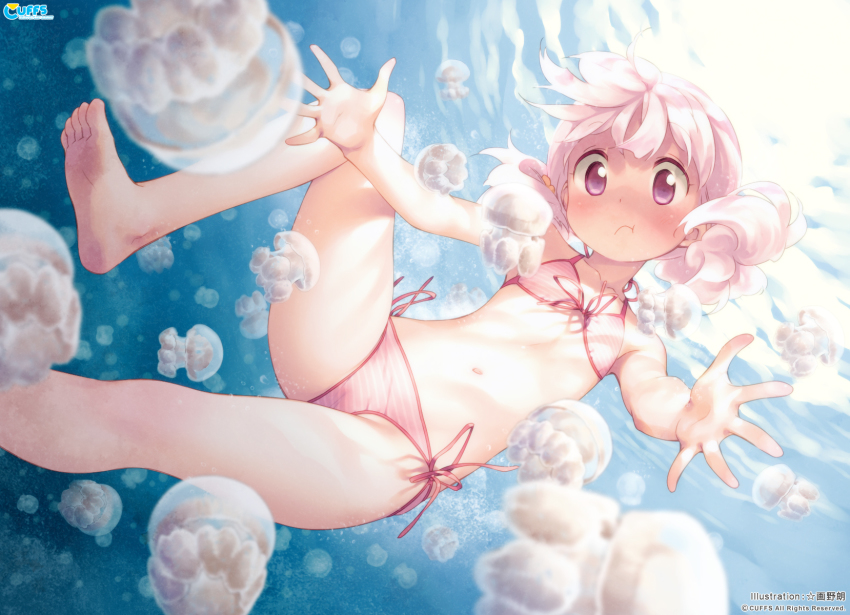 1girl, :t, barefoot, bikini, blurry, blush, child, collarbone, cuffs_(company), depth_of_field, feet, female_focus, flat_chest, freediving, front-tie_bikini_top, front-tie_top, gayarou, highres, holding_breath, jellyfish, kiriyama_sakura, low_twintails, navel, open_hands, outstretched_hand, petite, pink_bikini, pink_eyes, pink_hair, pout, sakura_musubi, short_hair, side-tie_bikini_bottom, soles, solo, striped_bikini, striped_clothes, swimming, swimsuit, tareme, toes, twintails, underwater