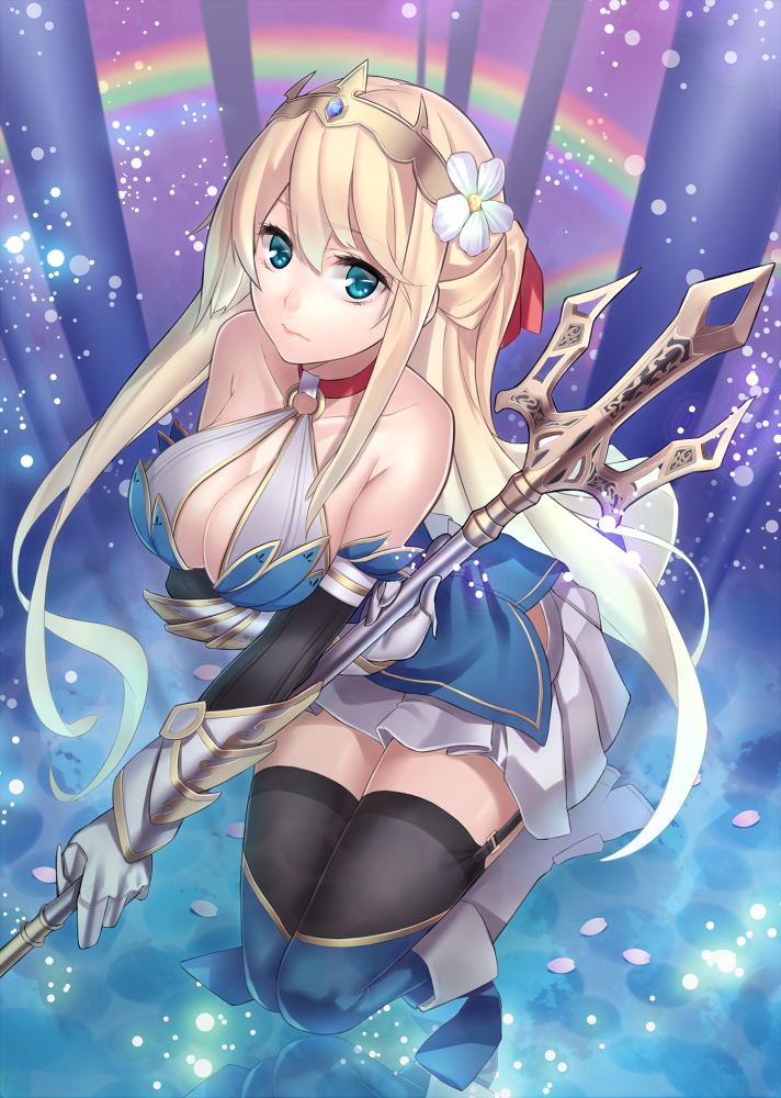 1girl, bare_shoulders, blonde_hair, blue_eyes, boots, breasts, cleavage, crown, female_focus, flower, garter_straps, gauntlets, hair_ornament, large_breasts, long_hair, looking_at_viewer, miniskirt, no_bra, original, pleated_skirt, polearm, princess_knight, rainbow, ray-akila, skirt, solo, thighhighs, trident, weapon