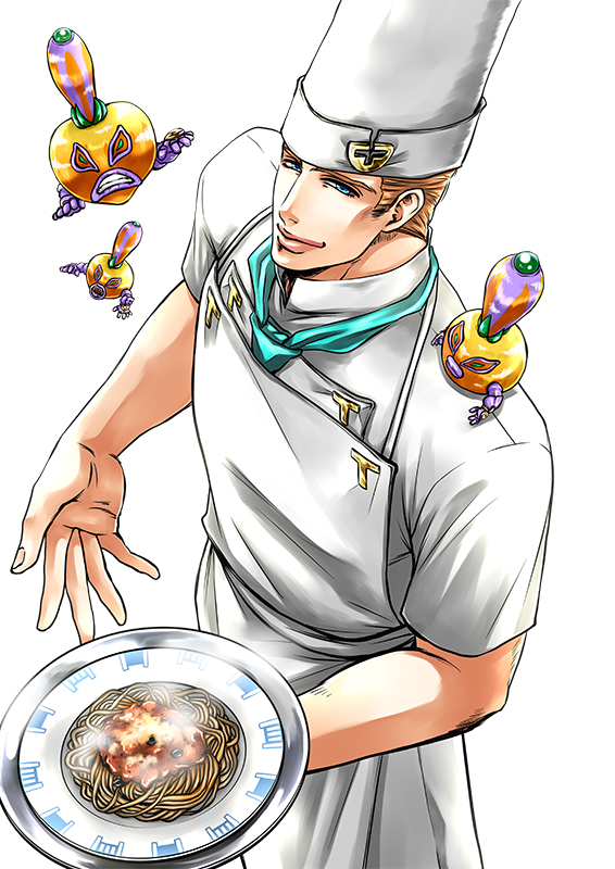 1boy, apron, bad_id, bad_pixiv_id, blonde_hair, blue_eyes, chef, chef_hat