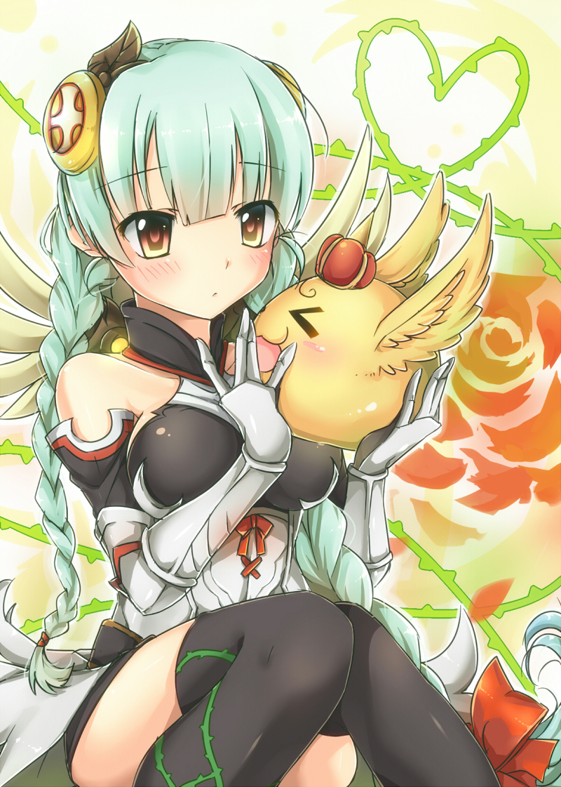 >_<, 1girl, :3, bare_shoulders, blush, braid, crown, elbow_gloves