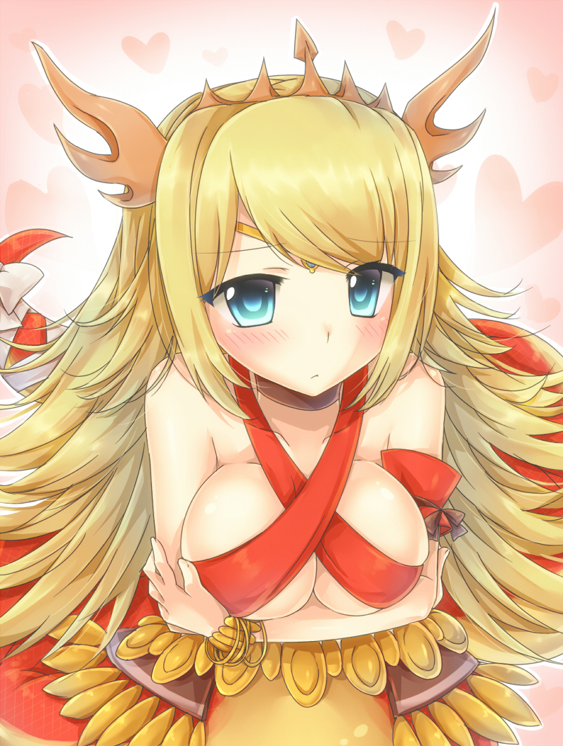 1girl, aqua_eyes, blonde_hair, blush, bracelet, breast_hold, breasts, echidna_(p&amp;d), headdress, jewelry, lamia, large_breasts, long_hair, lots_of_jewelry, monster_girl, natsume_kei, natsume_koro, puzzle_&amp;_dragons