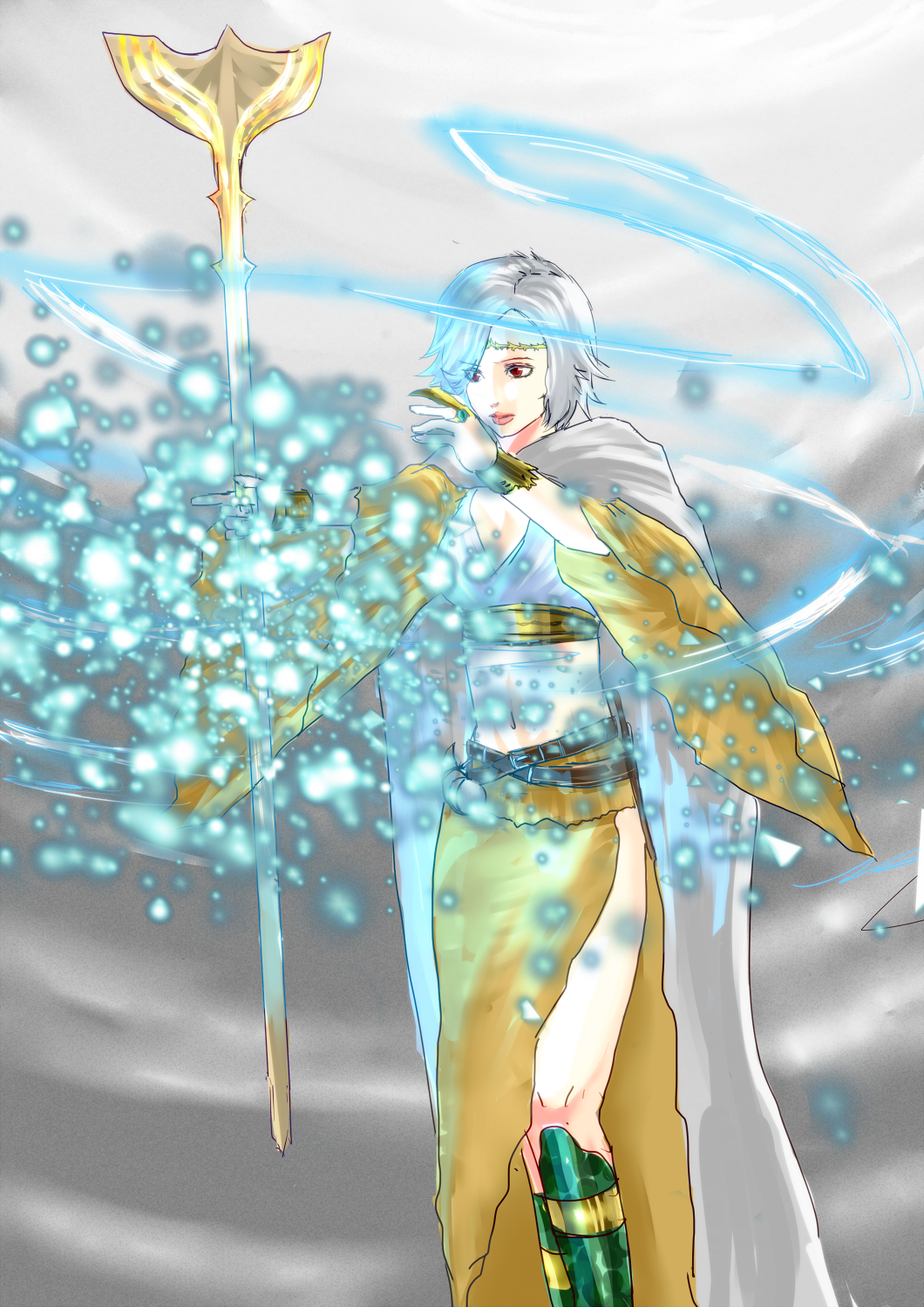 1girl, armor, belt, circlet, dragon's_dogma, dragon's_dogma_(series), female_focus, greaves, hat, highres, long_skirt, magic, multiple_belts, pawn_(dragon's_dogma), red_eyes, rey_(kila_saint), short_hair, side_slit, silver_hair, skirt, solo, wand, wide_sleeves