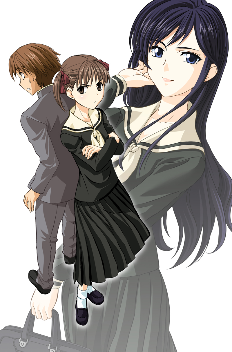 00s, 1boy, 2girls, blue_eyes, blue_hair, brother_and_sister, brown_hair, crossed_arms, frown, fukuzawa_yumi, fukuzawa_yuuki, g-tetsu, highres, maria-sama_ga_miteru, multiple_girls, ogasawara_sachiko, siblings