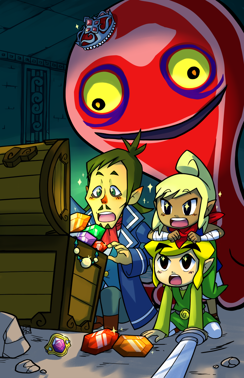 1girl, 2boys, bandaged_arm, bandages, blonde_hair, chuchu_(zelda), crown, diamond-shaped_pupils