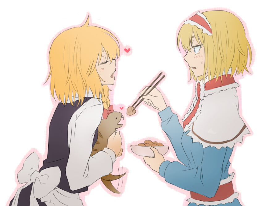 2girls, alice_margatroid, apron, black_dress, blonde_hair, blue_dress, blue_eyes, blush