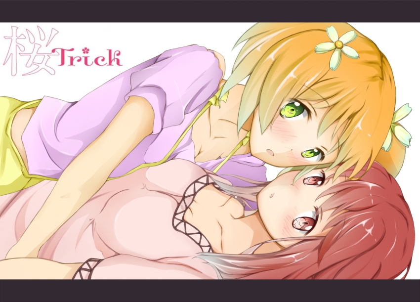 2girls, bad_id, bad_pixiv_id, blonde_hair, blush, breasts, collarbone, copyright_name