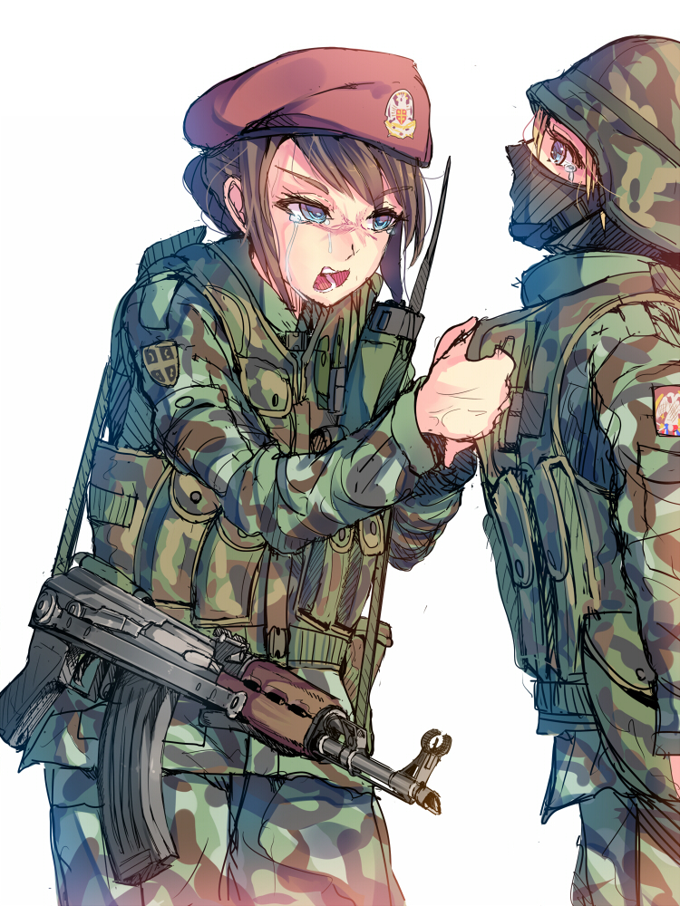 2girls, ak-47, ammunition_pouch, assault_rifle, balaclava, blonde_hair, blue_eyes, brown_hair, buckle, camouflage, combat_helmet, crying, crying_with_eyes_open, daito, gun, gun_sling, helmet, jacket, kalashnikov_rifle, load_bearing_vest, mask, military_combat_uniform, military_jacket, military_operator, military_uniform, mouth_mask, multiple_girls, original, patch, pouch, rifle, serbia, short_hair, shoulder_patch, snap-fit_buckle, tears, weapon, zastava_m70